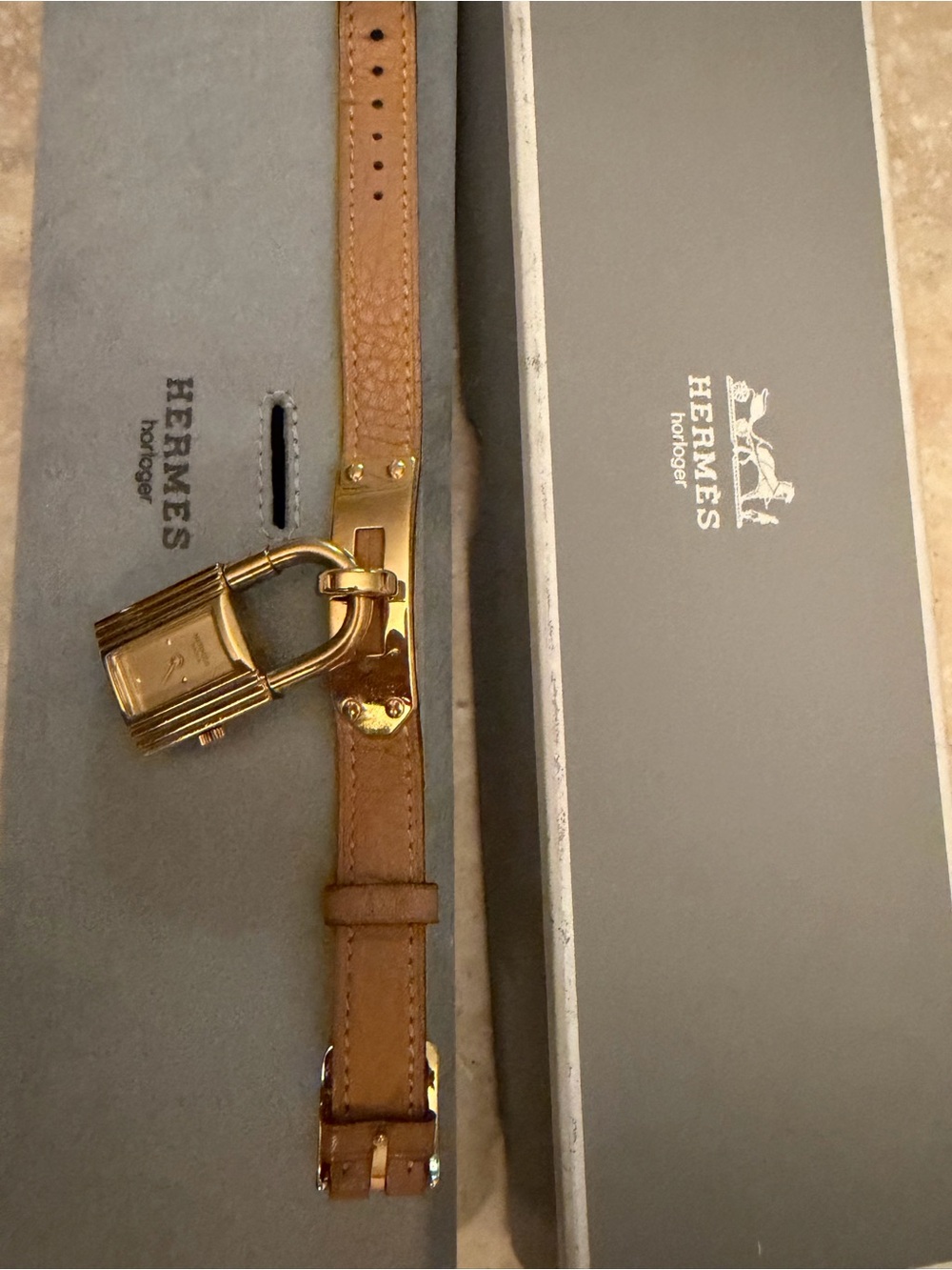 Hermes Tan Leather Bracelet with Gold Padlock Charm Vintage
